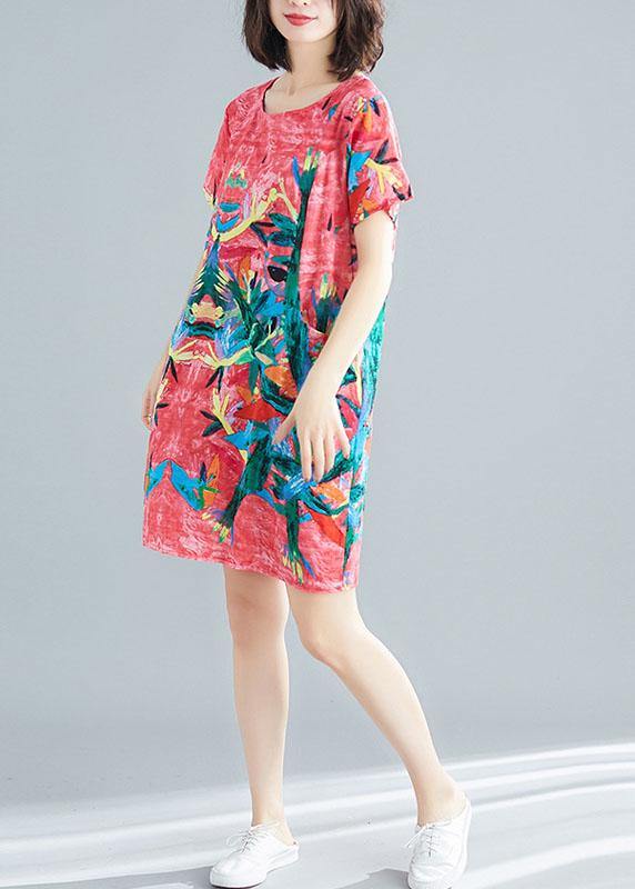 Green Print O-Neck Pockets Summer Short Sleeve Party Dresses - SooLinen