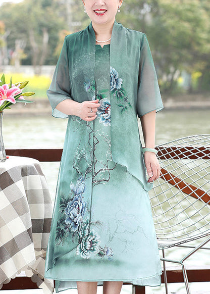 Green Print Patchwork Chiffon Dresses False Two Pieces Summer Half Sleeve
