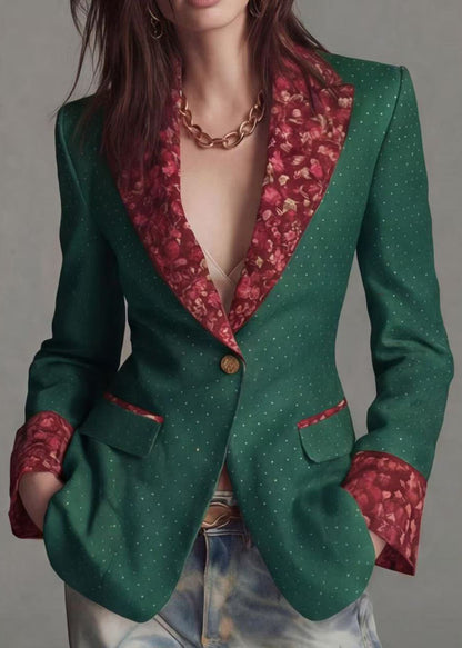 Green Print Patchwork Cotton Suit Coat Peter Pan Collar Fall