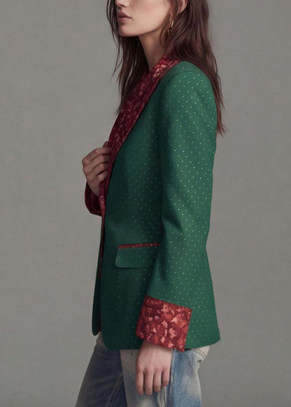 Green Print Patchwork Cotton Suit Coat Peter Pan Collar Fall