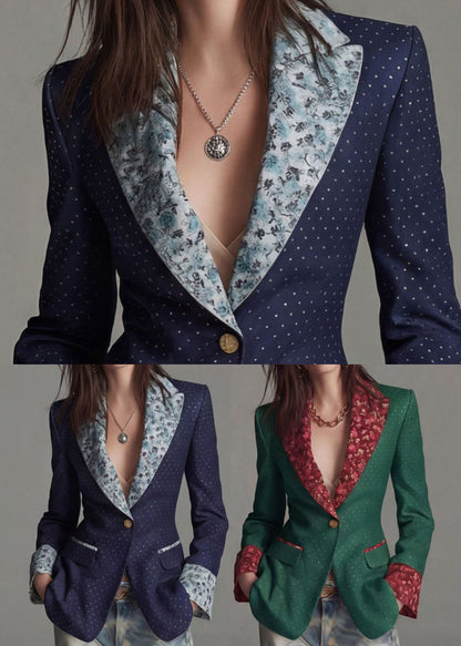 Green Print Patchwork Cotton Suit Coat Peter Pan Collar Fall