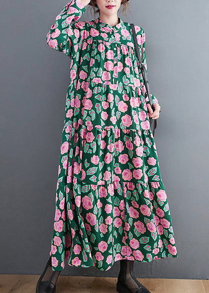 Green Print Patchwork Maxi Dresses Wrinkled Long Sleeve