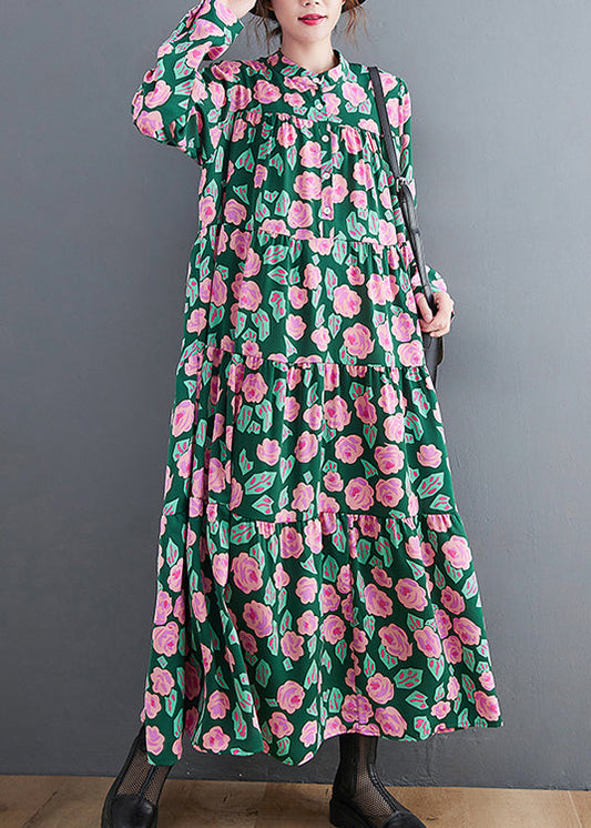 Green Print Patchwork Maxi Dresses Wrinkled Long Sleeve