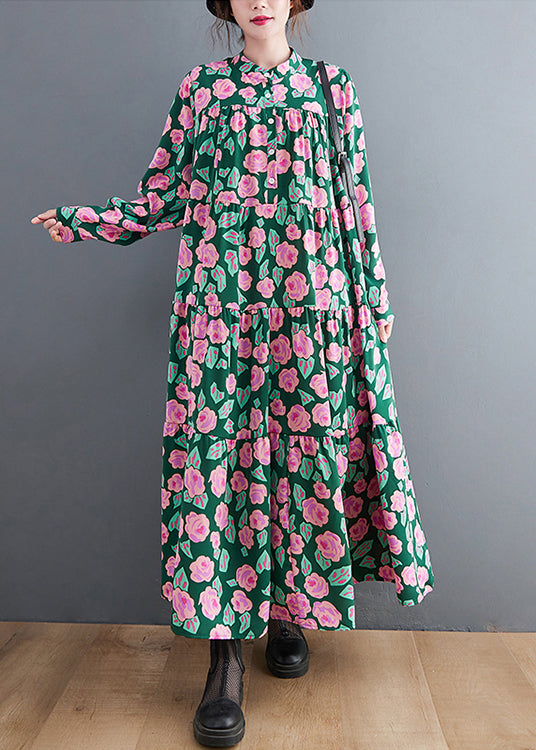 Green Print Patchwork Maxi Dresses Wrinkled Long Sleeve
