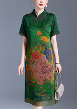 Load image into Gallery viewer, Green Print Patchwork Silk Dress Stand Collar Summer
