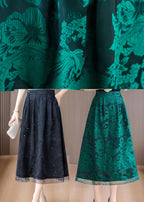 Green Print Silk A Line Skirts Tasseled Summer