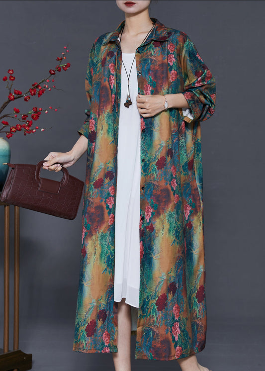 Green Print Silk Shirt Dresses Oversized Button Down Summer
