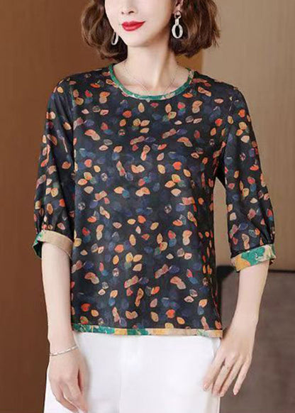 Green Print Wear On Both Sides Blouse Tops O Neck Half Sleeve