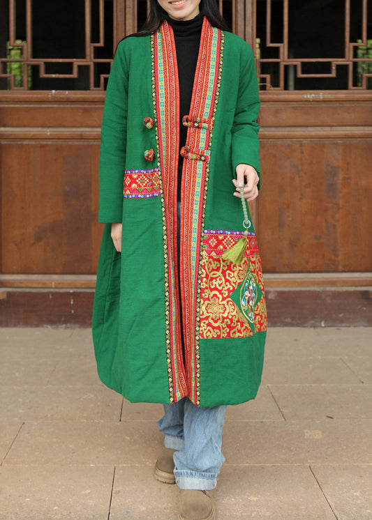 Green Print Women Long Parka V Neck Long Sleeve