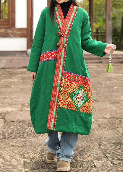 Green Print Women Long Parka V Neck Long Sleeve