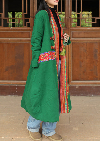 Green Print Women Long Parka V Neck Long Sleeve