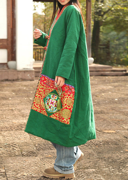Green Print Women Long Parka V Neck Long Sleeve