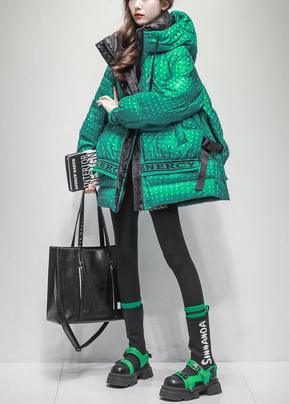 Green Print Zippered Oversized Duck Down Winter Coat Hooded