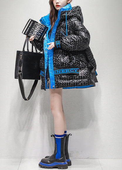 Green Print Zippered Oversized Duck Down Winter Coat Hooded