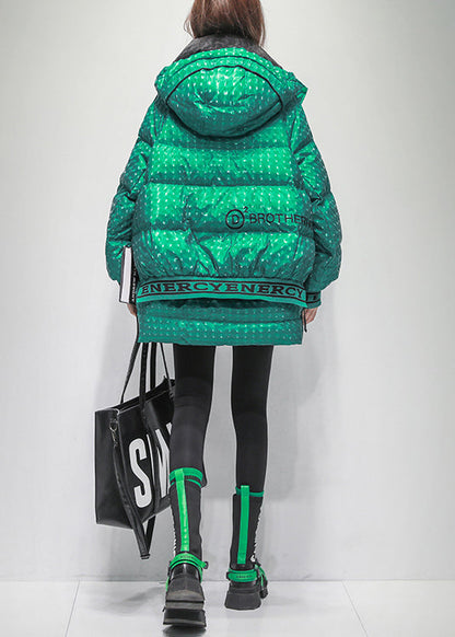Green Print Zippered Oversized Duck Down Winter Coat Hooded