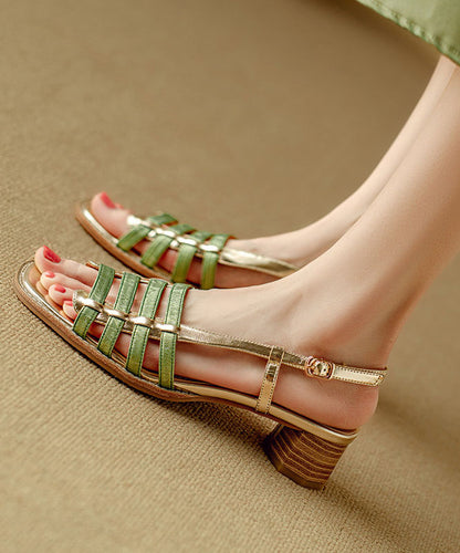 Green Sandals Chunky Cowhide Leather Chic Splicing Peep Toe