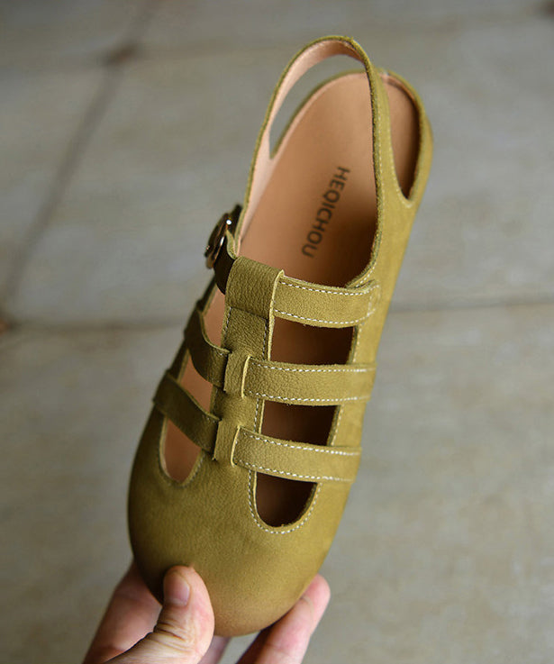 Green Sandals Cowhide Leather Casual Hollow Out Sandals