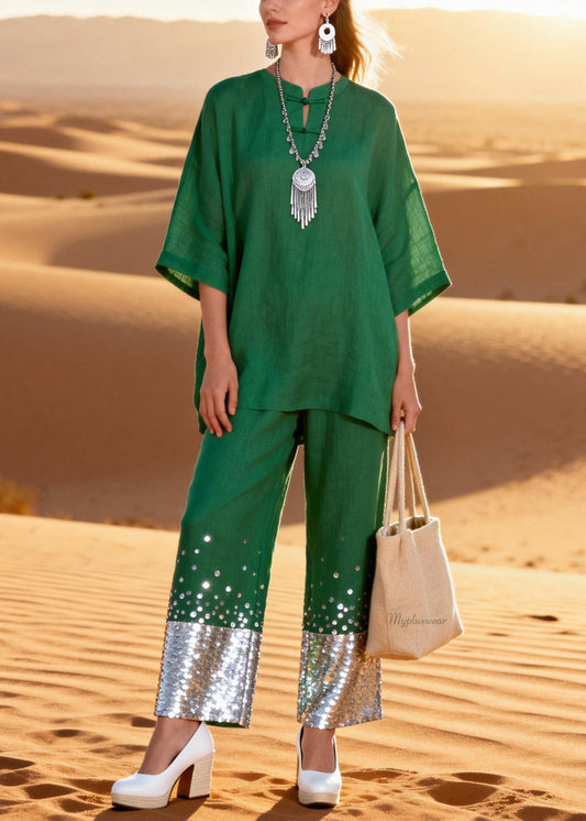 Green Sequins Shirts And Crop Pants Patchwork Linen Two Pieces Set O Neck Half Sleeve