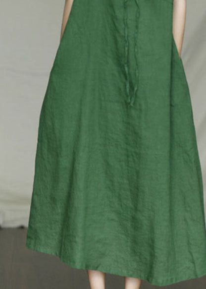 Green Solid Pockets Linen Dress Short Sleeve