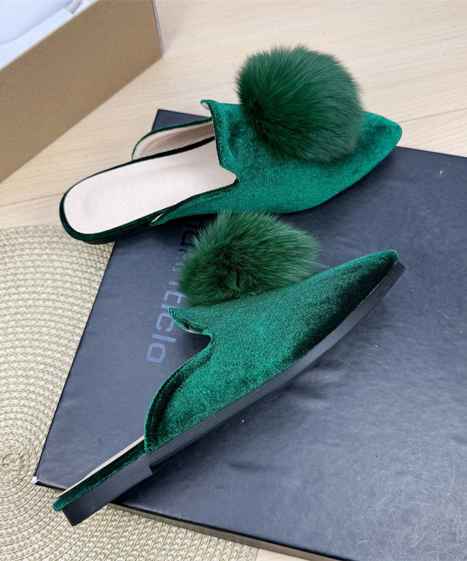 Green Splicing Velour Slide Sandals Fuzzy Ball Decorated Pointed Toe