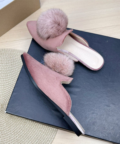 Green Splicing Velour Slide Sandals Fuzzy Ball Decorated Pointed Toe