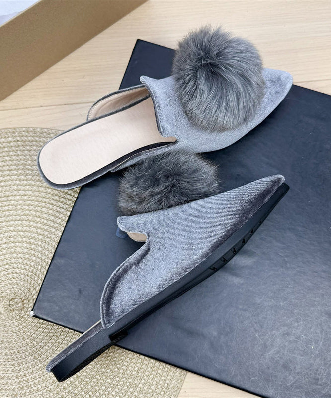 Green Splicing Velour Slide Sandals Fuzzy Ball Decorated Pointed Toe