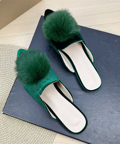 Green Splicing Velour Slide Sandals Fuzzy Ball Decorated Pointed Toe