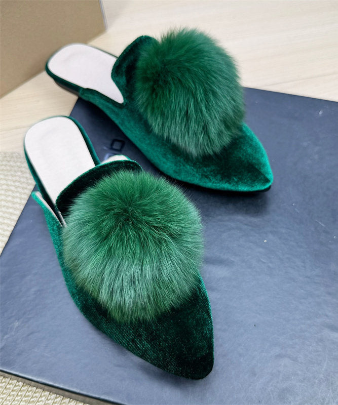 Green Splicing Velour Slide Sandals Fuzzy Ball Decorated Pointed Toe