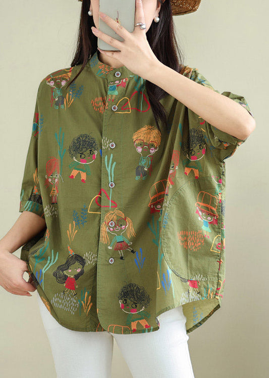 Green Stand Collar Top Short Sleeve