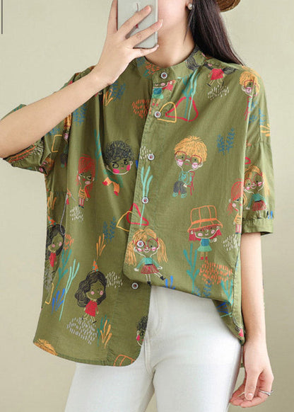 Green Stand Collar Top Short Sleeve