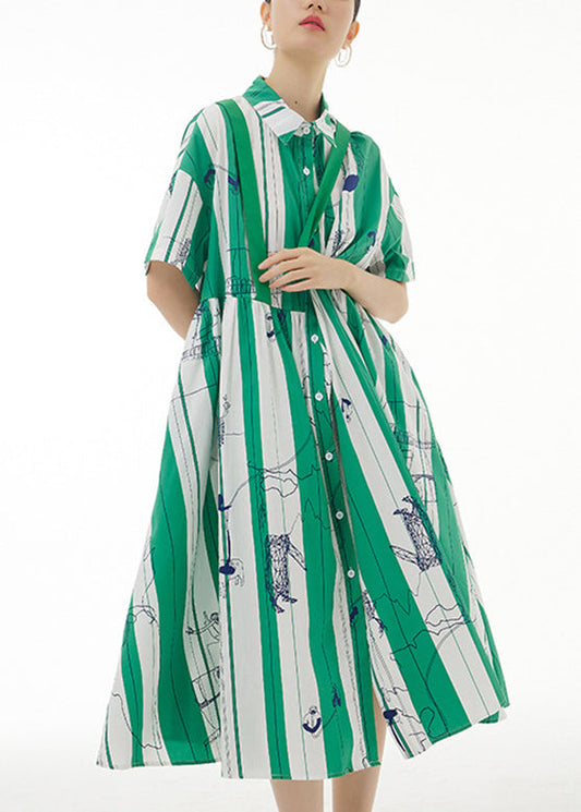 Green Striped Patchwork Button Cotton Long Dress Short Sleeve