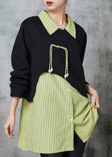 Load image into Gallery viewer, Green Striped Patchwork Cotton Fake Two Piece Tops Tasseled Spring