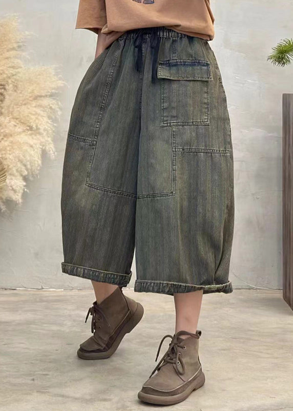 Green Striped Patchwork Denim Crop Pants Elastic Waist Fall