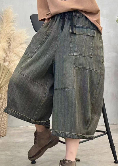 Green Striped Patchwork Denim Crop Pants Elastic Waist Fall