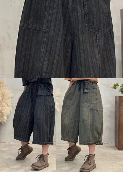 Green Striped Patchwork Denim Crop Pants Elastic Waist Fall