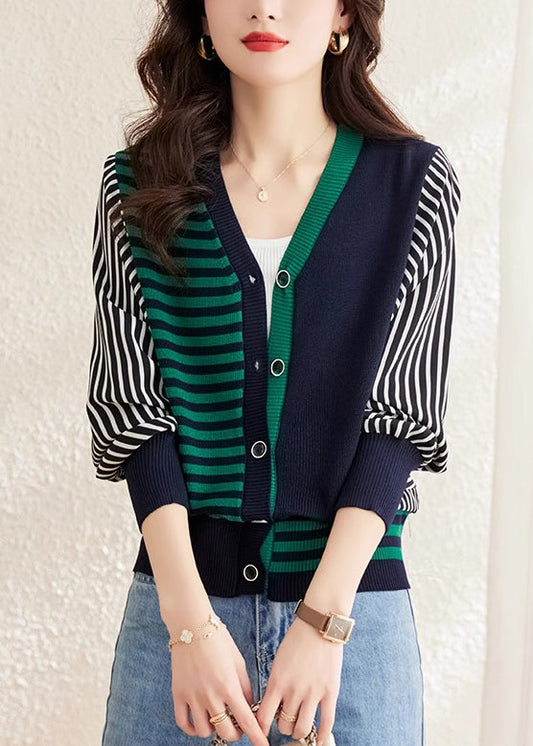 Green Striped Patchwork Woolen Sweaters V Neck Spring