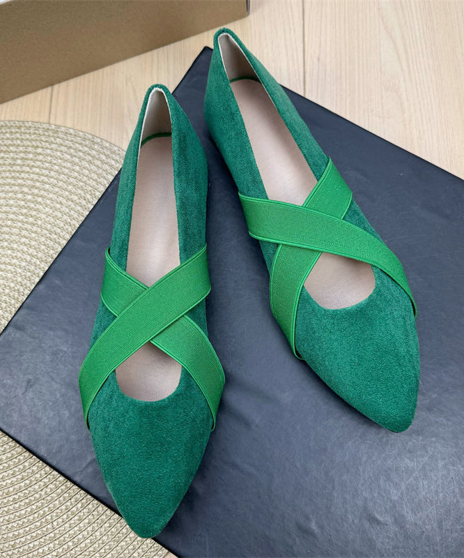 Green Suede Flat Shoes For Women Splicing Cross Strap Pointed Toe