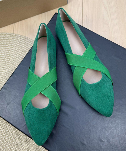 Green Suede Flat Shoes For Women Splicing Cross Strap Pointed Toe