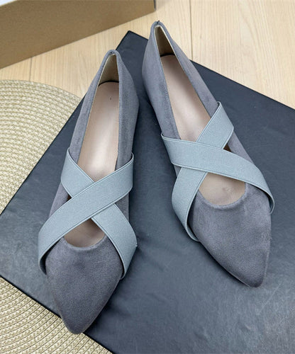 Green Suede Flat Shoes For Women Splicing Cross Strap Pointed Toe
