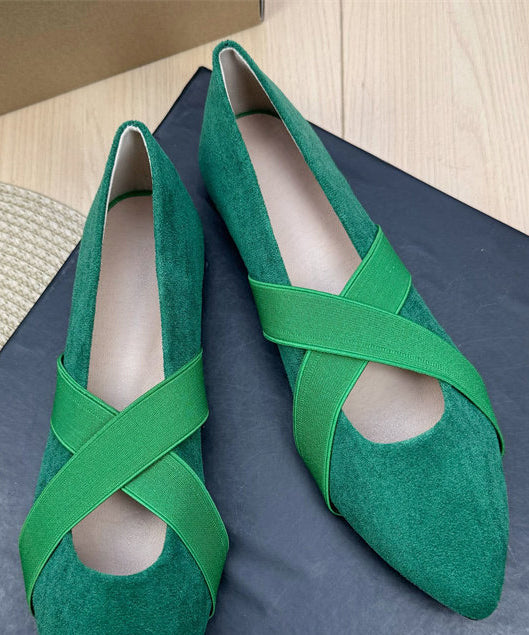 Green Suede Flat Shoes For Women Splicing Cross Strap Pointed Toe
