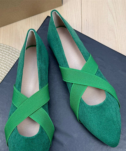 Green Suede Flat Shoes For Women Splicing Cross Strap Pointed Toe