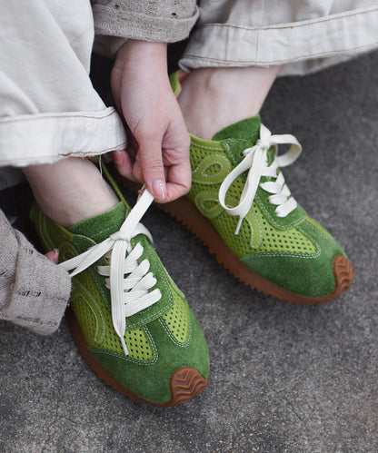 Green Suede Women Splicing Flat Shoes Hollow Out Lace Up