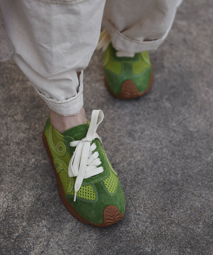 Green Suede Women Splicing Flat Shoes Hollow Out Lace Up