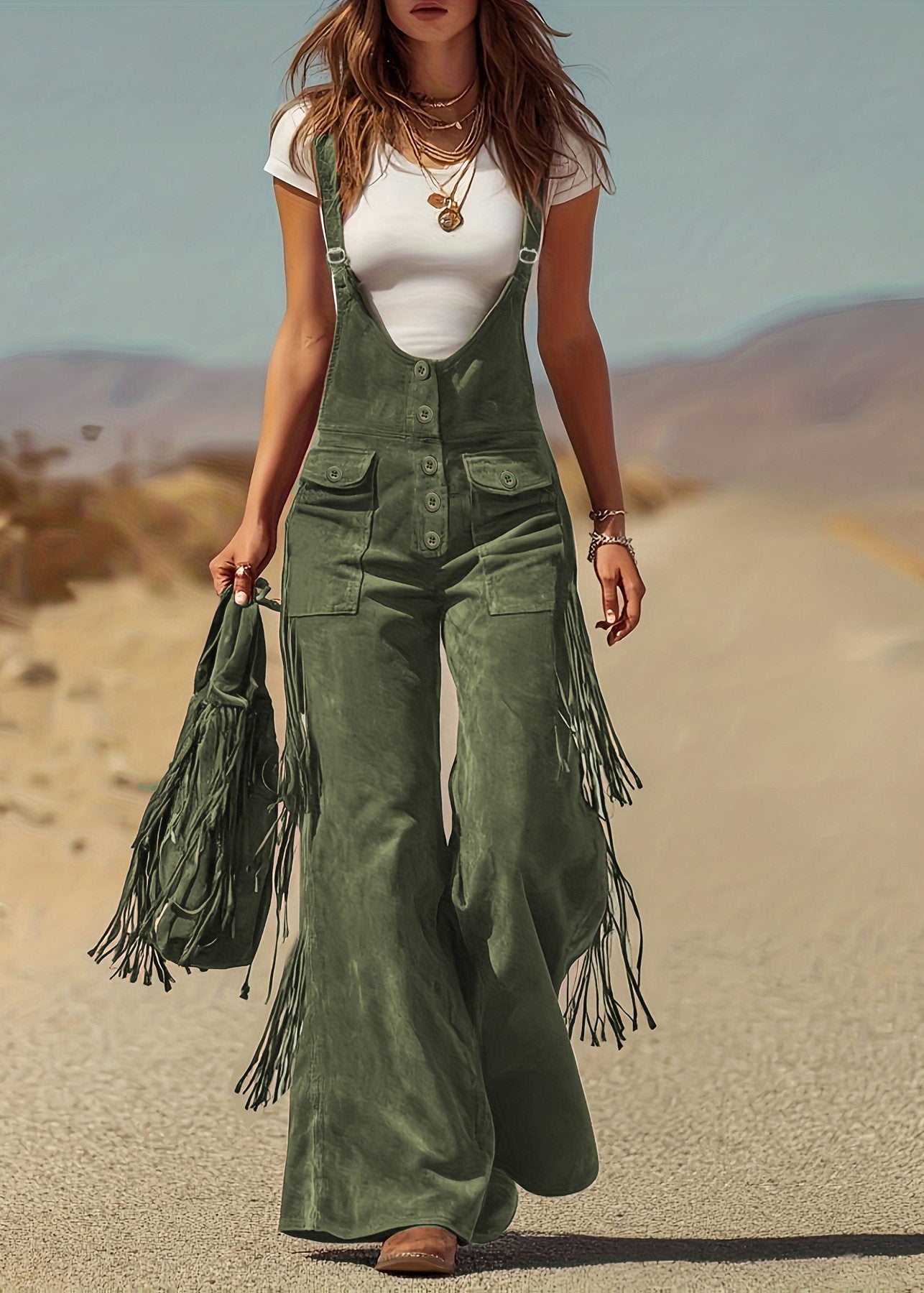 Green Tassel Patchwork Faux Suede Jumpsuit Sleeveless