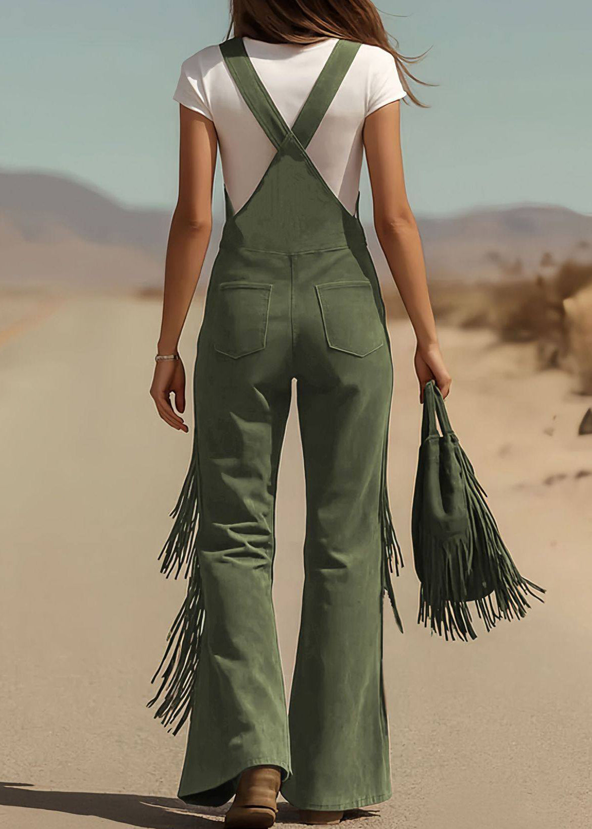 Green Tassel Patchwork Faux Suede Jumpsuit Sleeveless