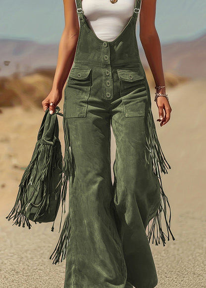 Green Tassel Patchwork Faux Suede Jumpsuit Sleeveless