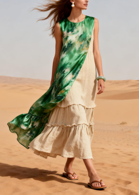 Green Tie Dye Patchwork Linen Silk Dress Asymmetrical Summer