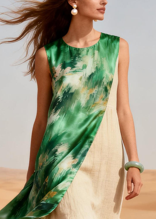 Green Tie Dye Patchwork Linen Silk Dress Asymmetrical Summer