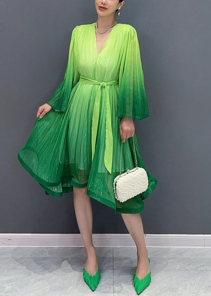 Green Tie Waist Maxi Dresses Flare Sleeve