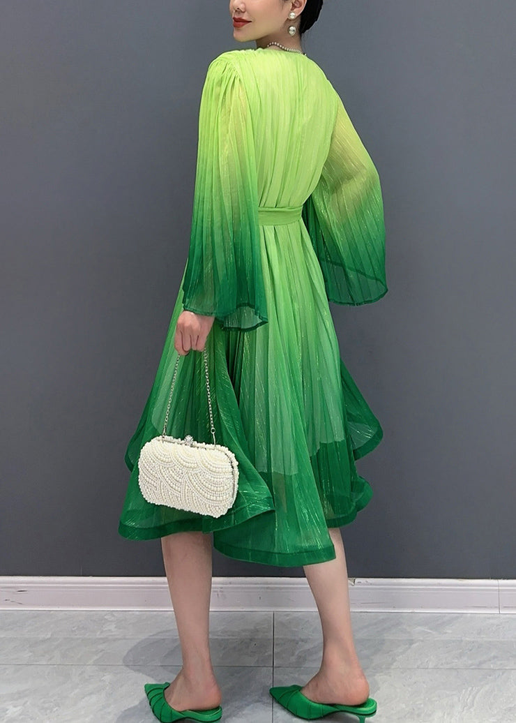Green Tie Waist Maxi Dresses Flare Sleeve